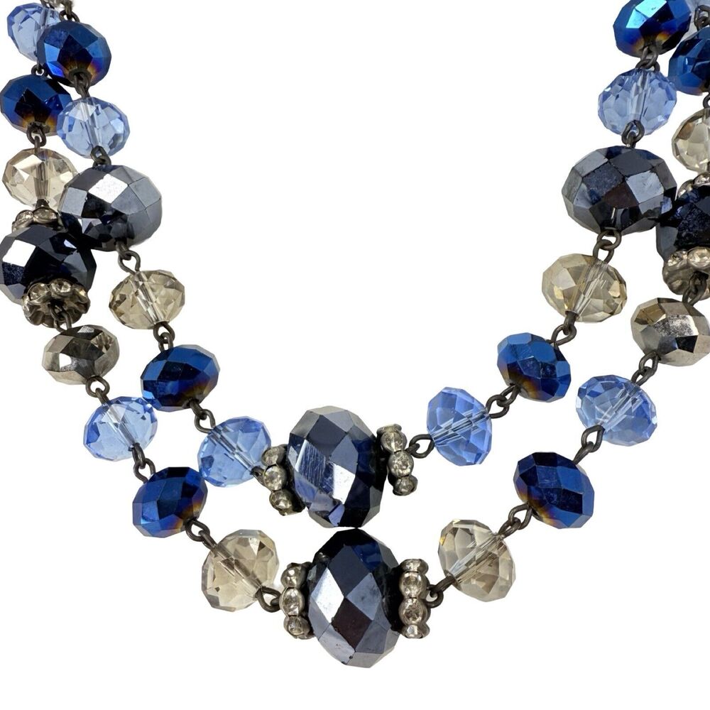 Vintage Crown Trifari Blue Crystal Layered Necklace 18" Beaded 2 Tier Gunmetal - Picture 2 of 8